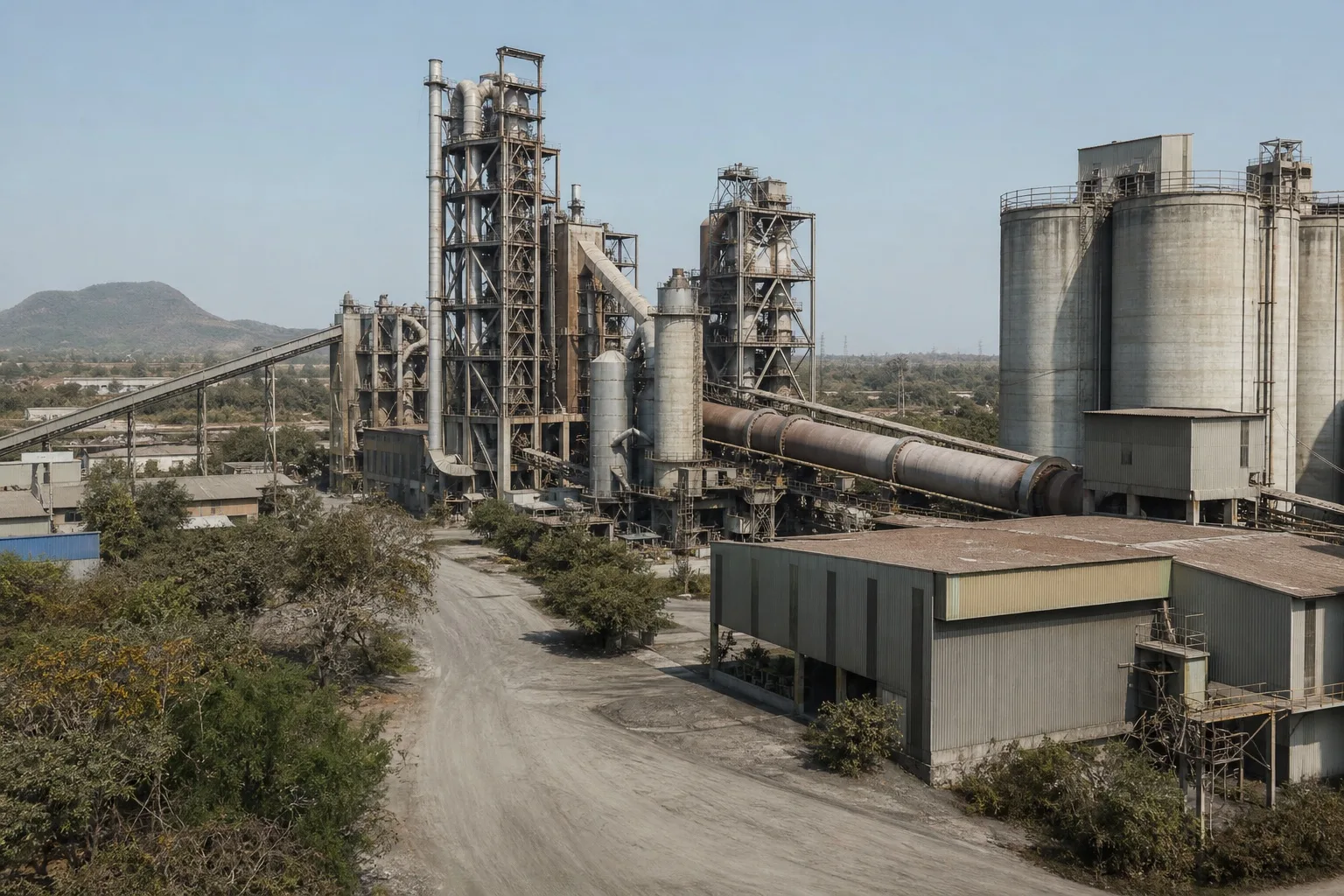 Indian cement plant with rotary kiln and silos