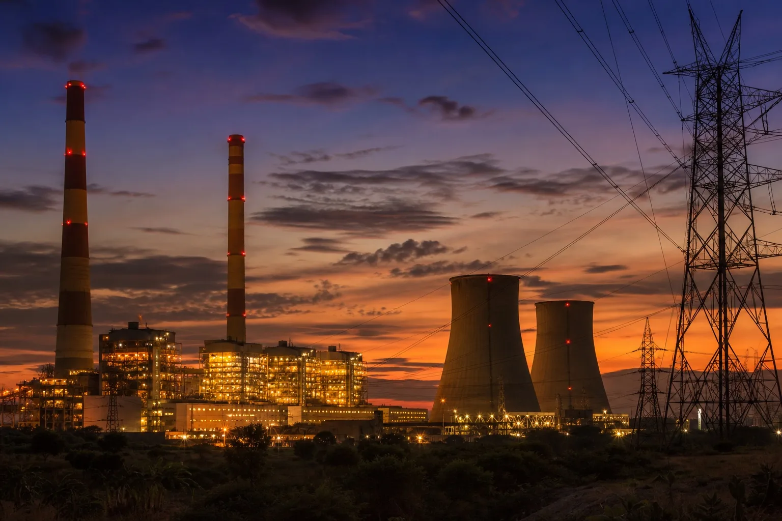 Indian power plant with turbines and transmission lines
