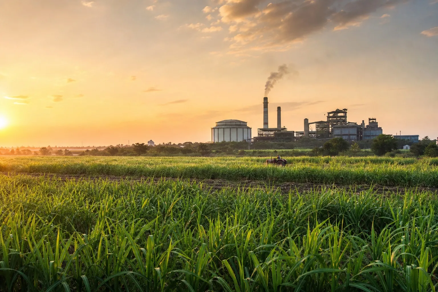 Sugarcane fields and sugar mill in rural India